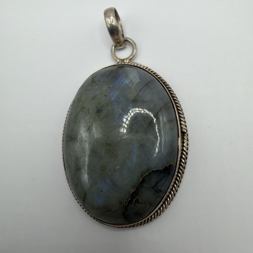925 Sterling Silver Large Labradorite Oval Pendant Blue Flash 17.7g